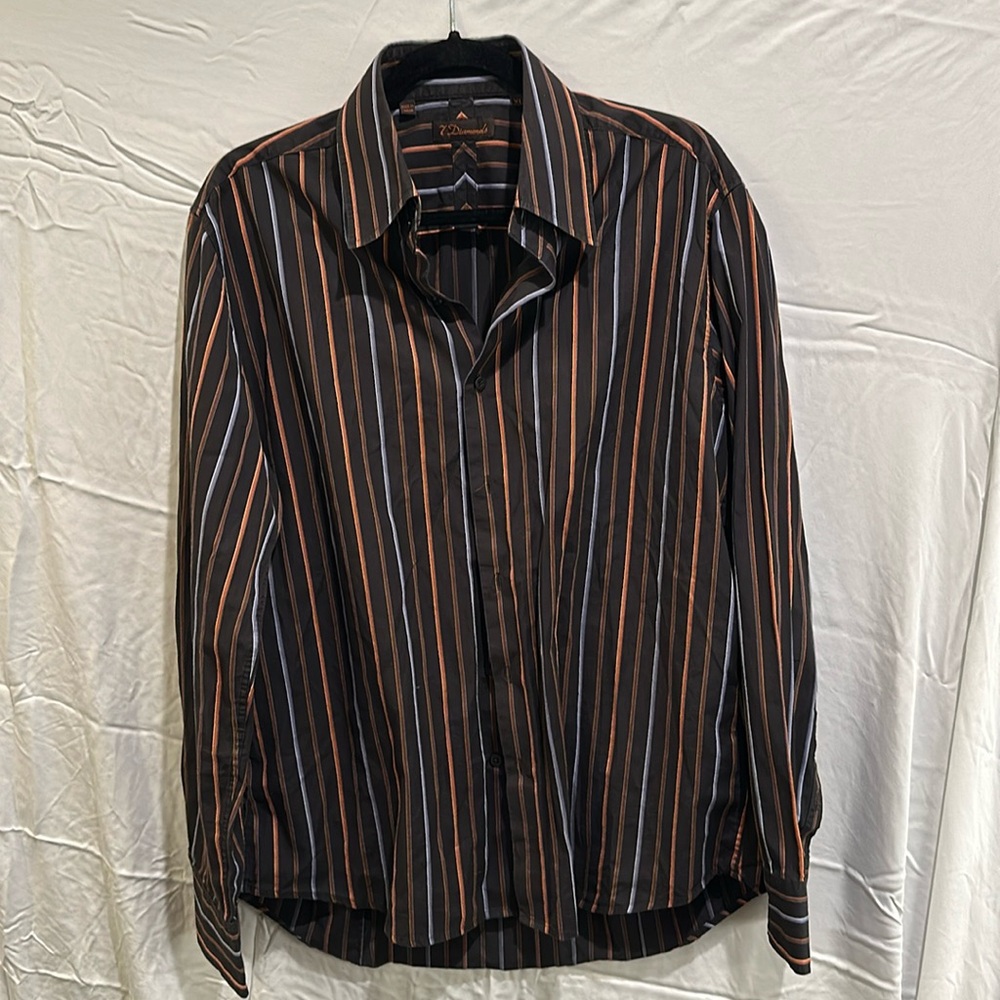 7 Diamonds Men’s Striped/Black/Orange/Blue Button Up Shirt, Size XL
